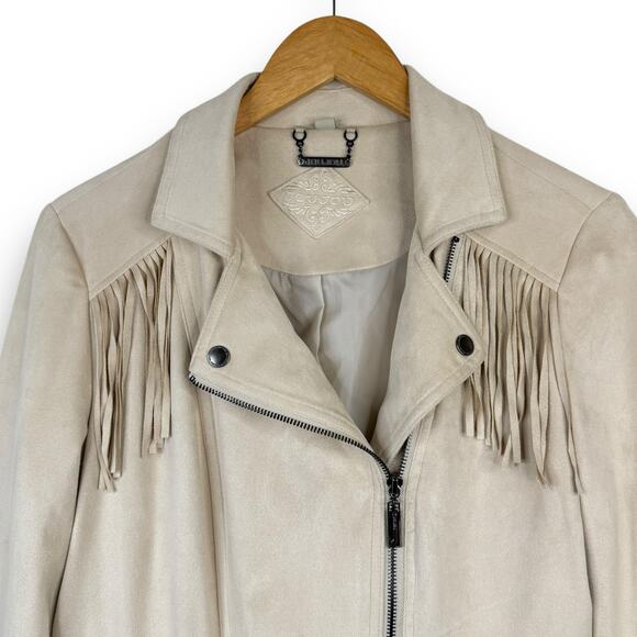 JouJou Faux Suede Western Fringe Moto Jacket Zippers Lined Cream Ivory Medium - Picture 2 of 10